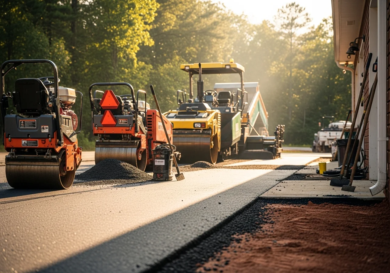 Asphalt paving crew and equipment on a residential driveway project. Professional paving tools and machinery staged for installation work.