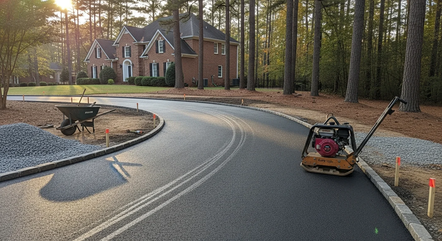 Newly installed residential asphalt driveway with proper grading and drainage