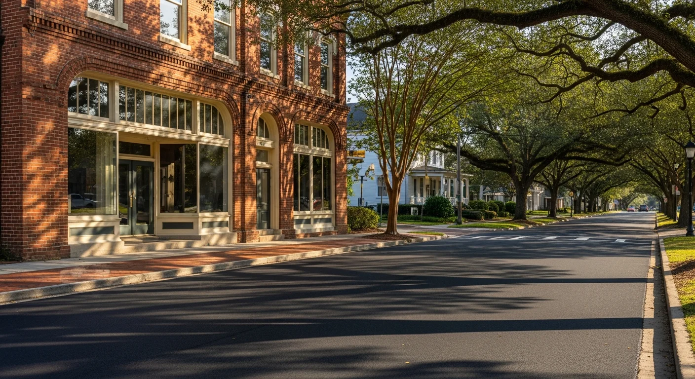 Historic Oxford storefront with brick facade and residential street lined with mature trees.
