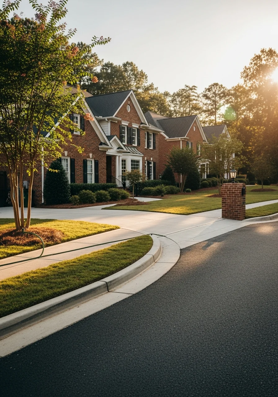 Suburban Raleigh neighborhood with single-family homes and manicured lawns.