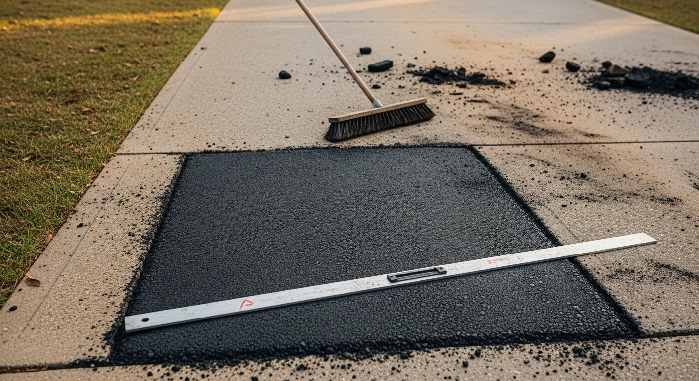 A freshly patched asphalt driveway in Oxford, Ohio showing a smooth, compacted repair flush with the surrounding pavement surface. The patched section covers a previously cracked and deteriorated area typical of Butler County freeze-thaw damage.