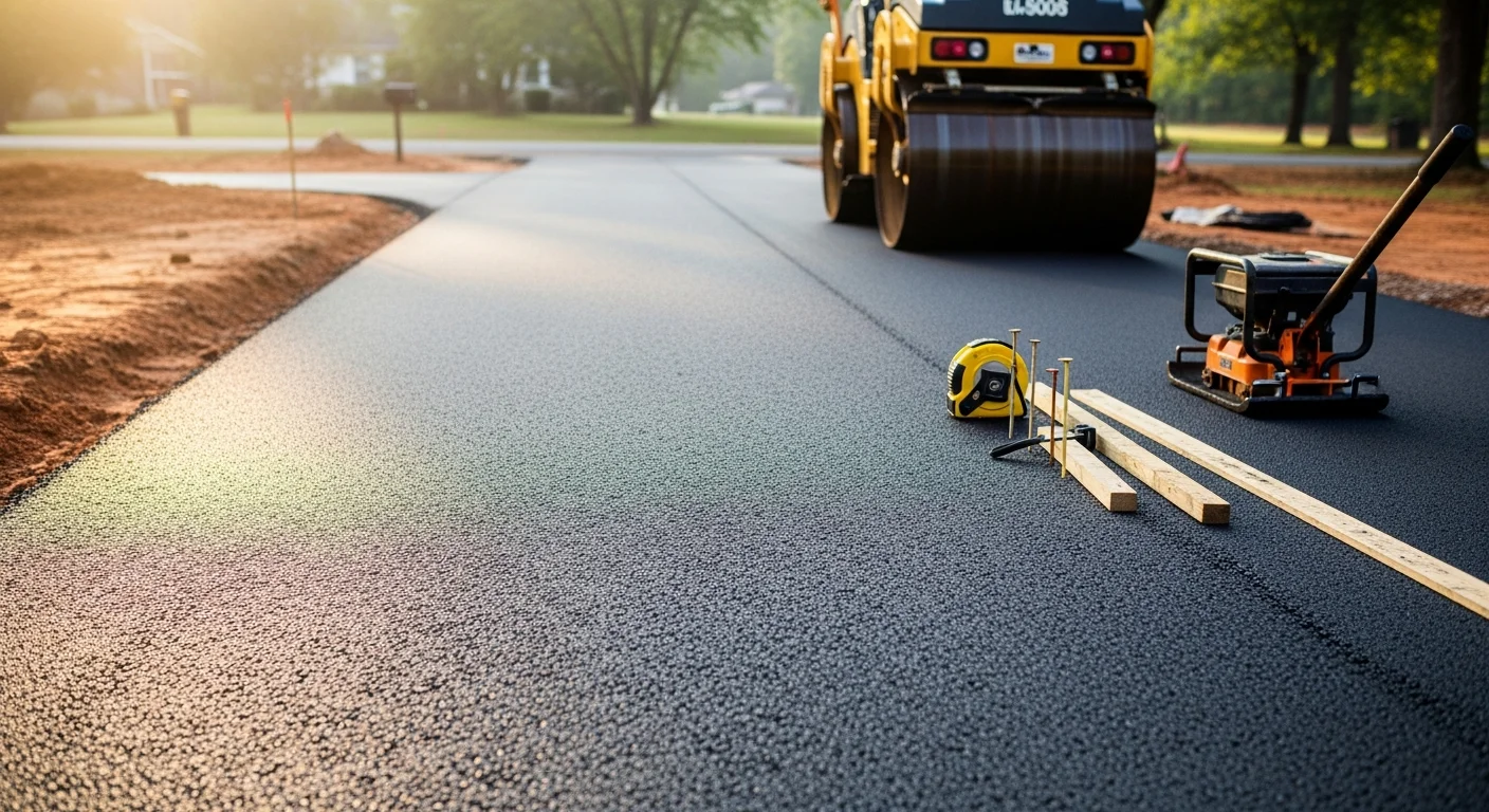 Freshly installed asphalt driveway at a residential property in Oxford, NC, with clean edges, smooth blacktop surface, and proper slope away from the home's foundation. A paving crew and equipment are visible completing the final pass in the background.