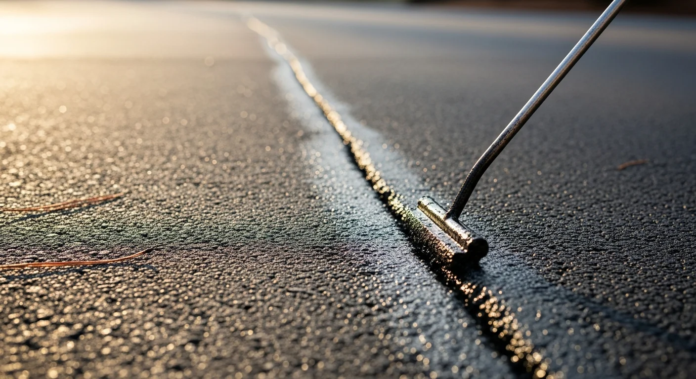 Close-up view of a freshly filled asphalt crack on a residential driveway in Oxford, Ohio, with smooth filler material flush to the surrounding pavement surface. The repaired crack runs along a dark asphalt driveway with no visible gaps or open edges remaining.