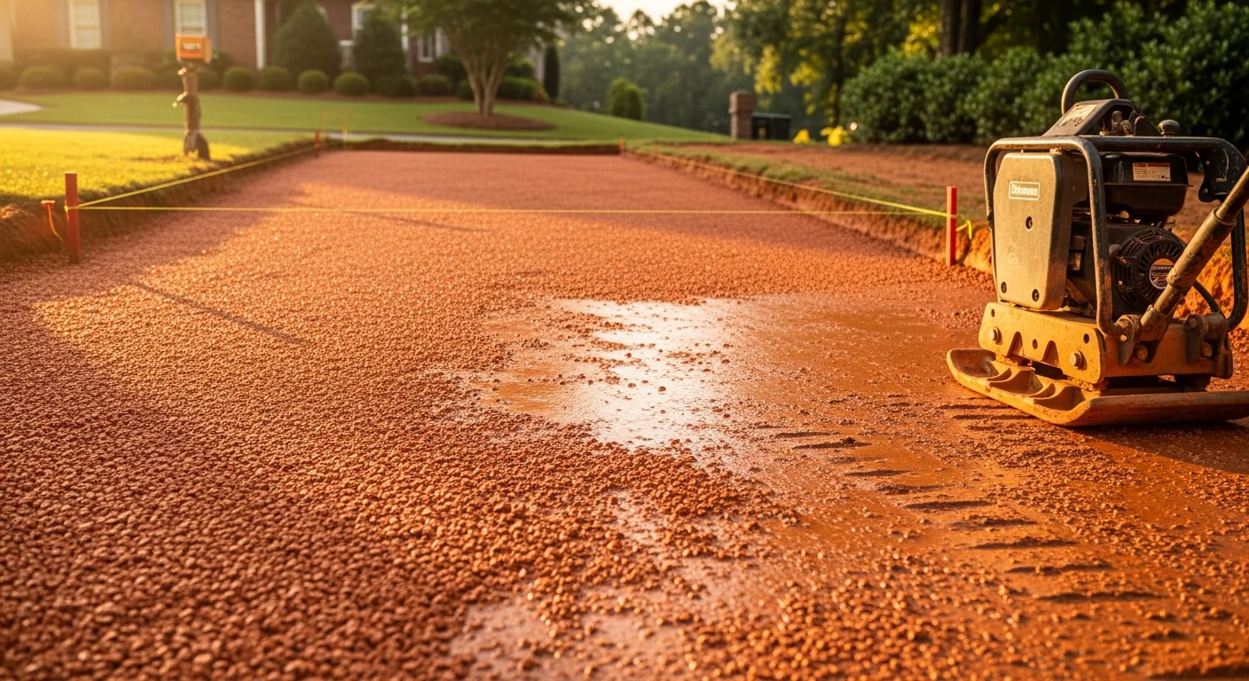 A freshly graded driveway surface in Oxford, NC showing a smooth, evenly sloped base ready for paving. Red clay soil is visible along the edges where the grade has been cut and shaped for proper drainage.