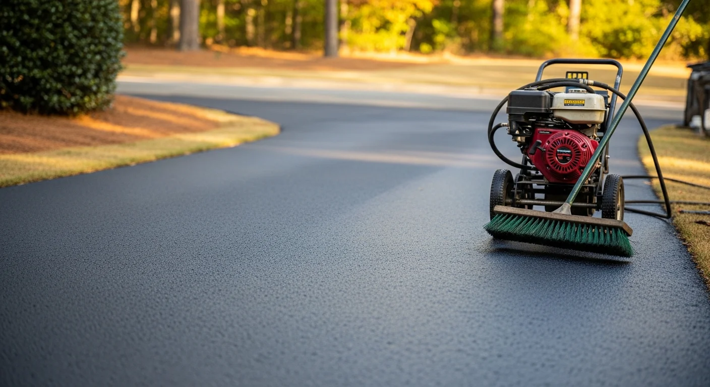 A freshly sealcoated residential asphalt driveway in Oxford, NC with clean edges and no visible cracking. A paving crew applies maintenance treatment to the surface in front of a single-family home.