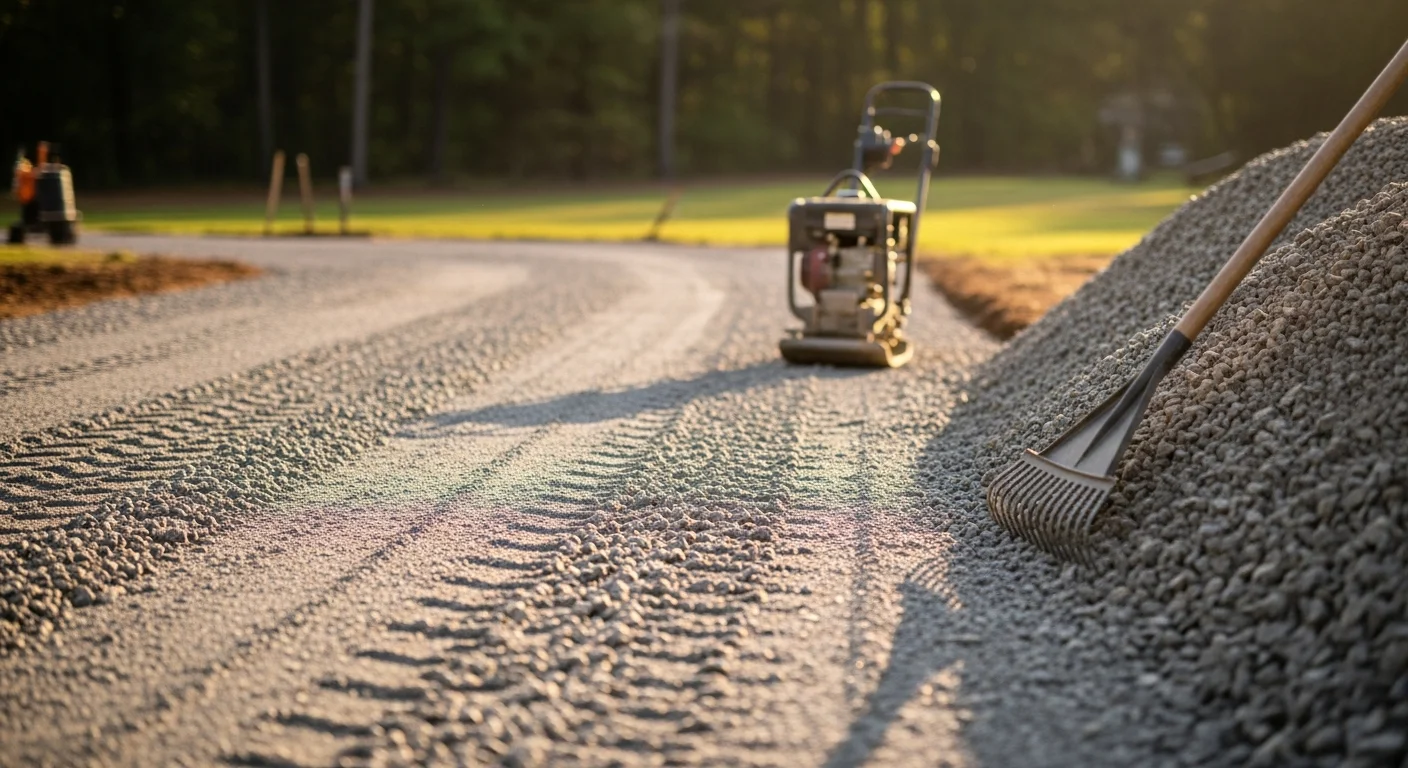 A freshly installed gravel driveway at a residential property in Oxford, Ohio, with a compacted stone surface running from the road to a detached garage. The driveway edges are clean and defined, with no visible ruts or pooling.