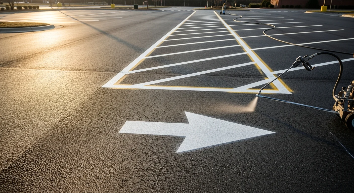 Freshly painted white parking stall lines and a yellow fire lane marking on a commercial asphalt lot in Oxford, Ohio. Crisp ADA-accessible space symbols are visible near the building entrance.