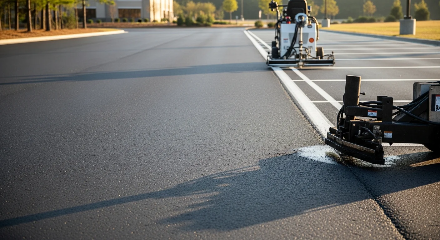 A freshly sealcoated and restriped commercial parking lot in Oxford with clearly marked stalls, ADA spaces, and smooth, crack-free asphalt. Calvin Ray Paving Contractor, Inc parking lot maintenance work shown on a mid-size commercial property.