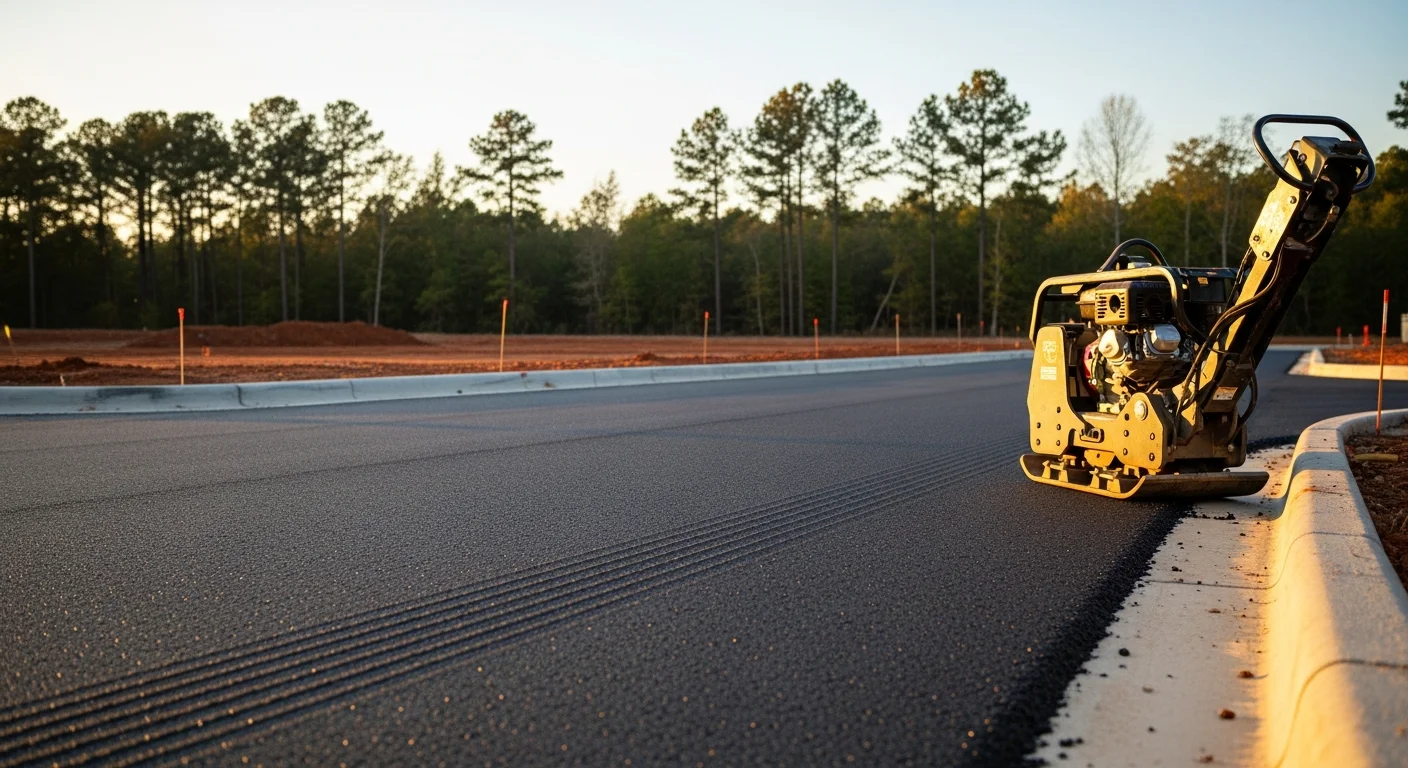 Freshly paved asphalt parking lot in Oxford, NC with clean, compacted surface and clearly defined parking stalls. A commercial property exterior is visible in the background, showing the finished lot ready for vehicle traffic.