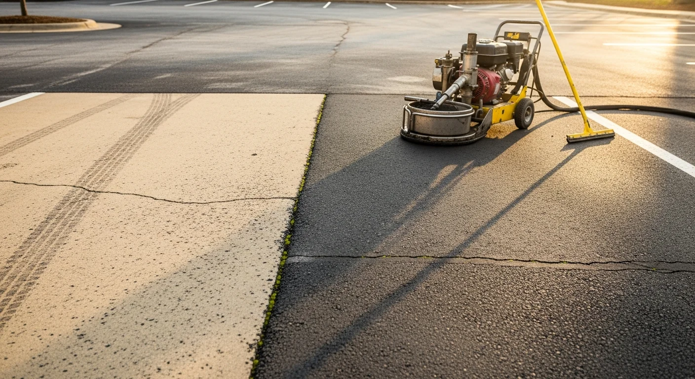 A repaired commercial asphalt parking lot in Oxford, NC showing smooth, patched pavement with no visible cracks or potholes. The lot surface is dark and even, with clean edges and no standing water.