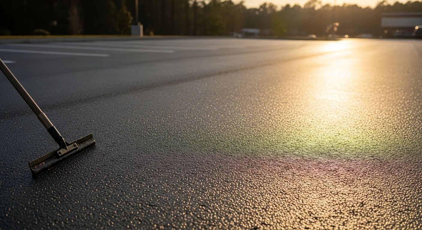 A freshly sealcoated commercial parking lot in Oxford, NC with a uniform dark surface and clearly visible white parking stall lines. The lot is adjacent to a commercial building under a bright sky, showing the contrast between sealed and weathered asphalt edges.