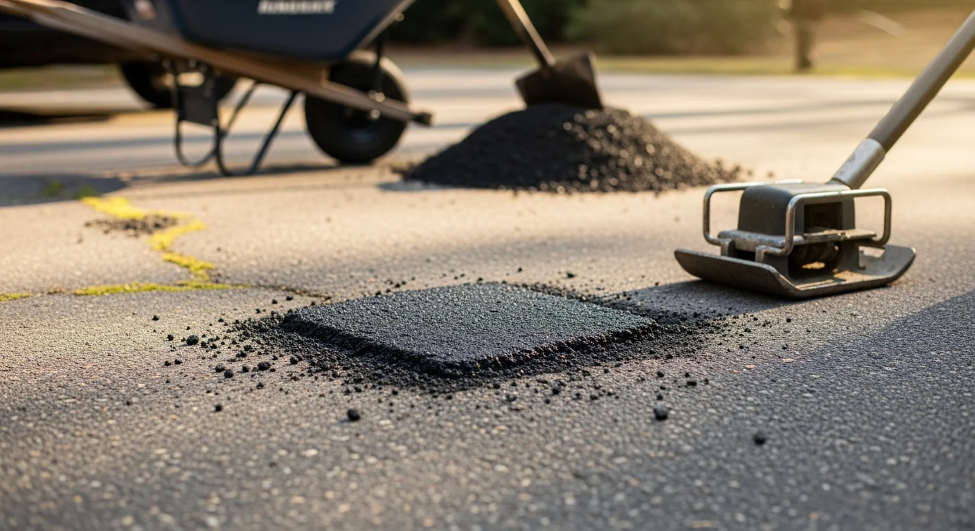 A freshly patched asphalt pothole on a residential driveway in Oxford, Ohio, showing a smooth, compacted repair flush with the surrounding pavement surface. The repaired area contrasts with the older asphalt, indicating a clean, professional patch by Calvin Ray Paving Contractor, Inc.
