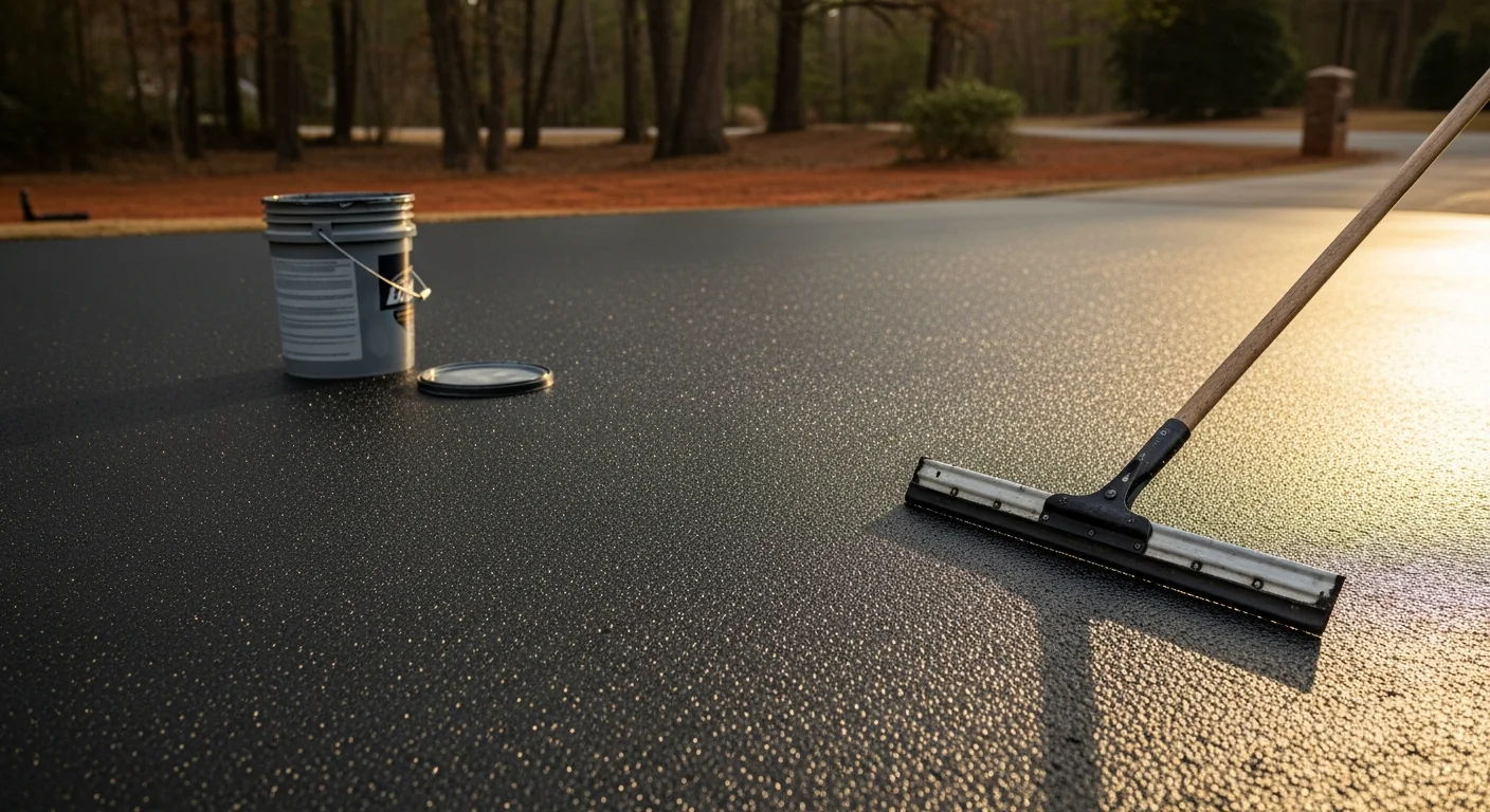 A freshly sealcoated residential asphalt driveway in Oxford, Ohio showing a smooth, dark surface with clean edges. The sealed pavement contrasts with the surrounding lawn, reflecting professional application by Calvin Ray Paving Contractor, Inc.